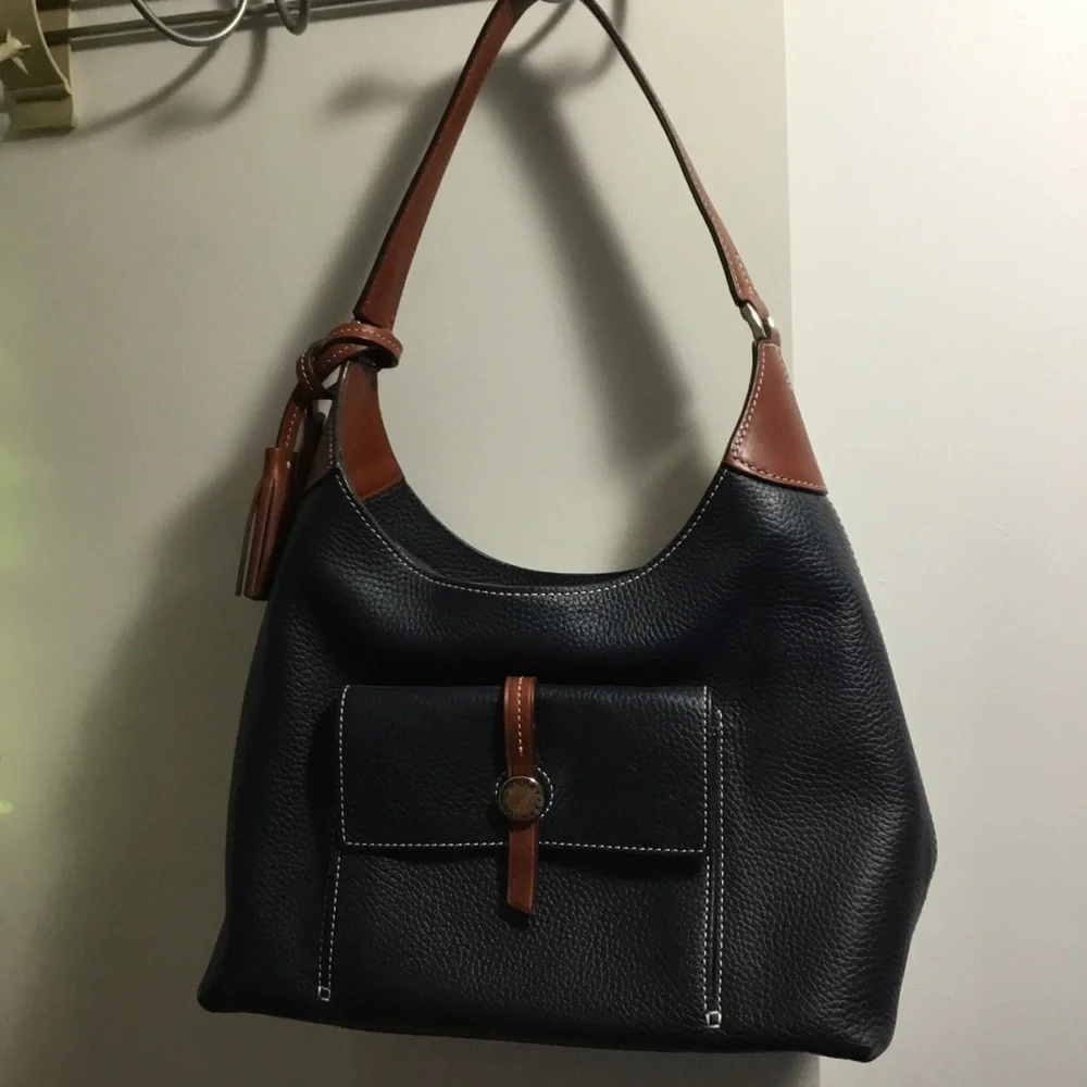 Dooney & Bourke Navy Blue with Brown Trim Leather Shoulder Bag